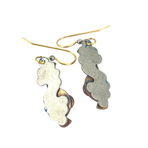 Brass Red Jasper Vintage Boho Dangly Earrings Blue Enamel Hand Made - Picture 5 of 8